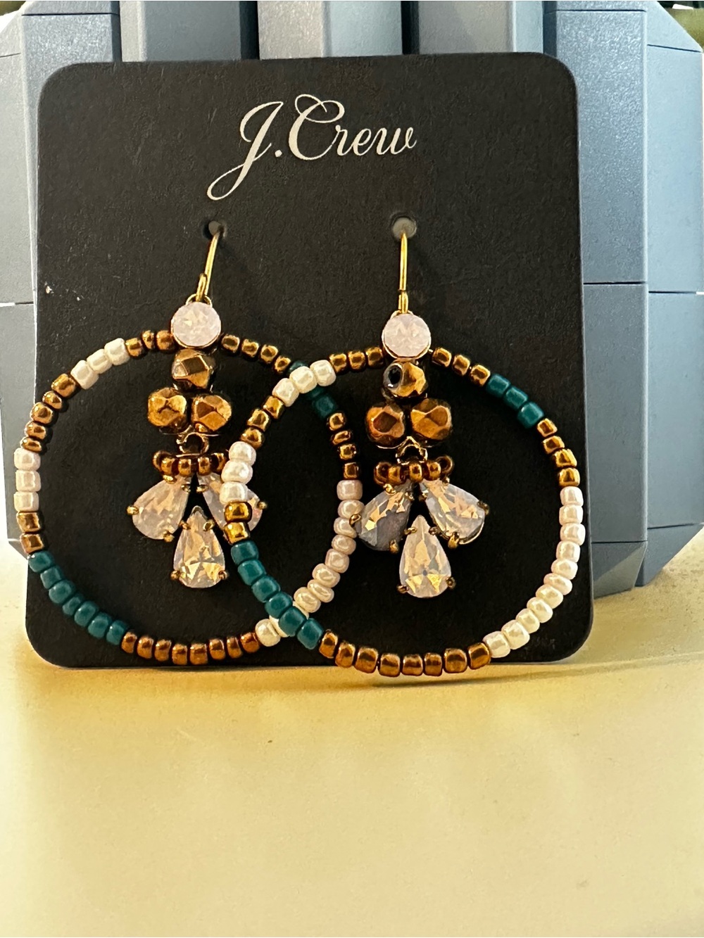 J. Crew Gold, Teal, White and Brown Beaded Hoop Earrings
